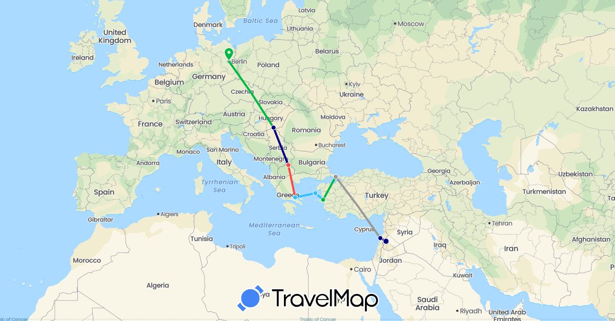 TravelMap itinerary: driving, bus, plane, hiking, boat in Germany, Greece, Hungary, Lebanon, Macedonia, Syria, Turkey (Asia, Europe)